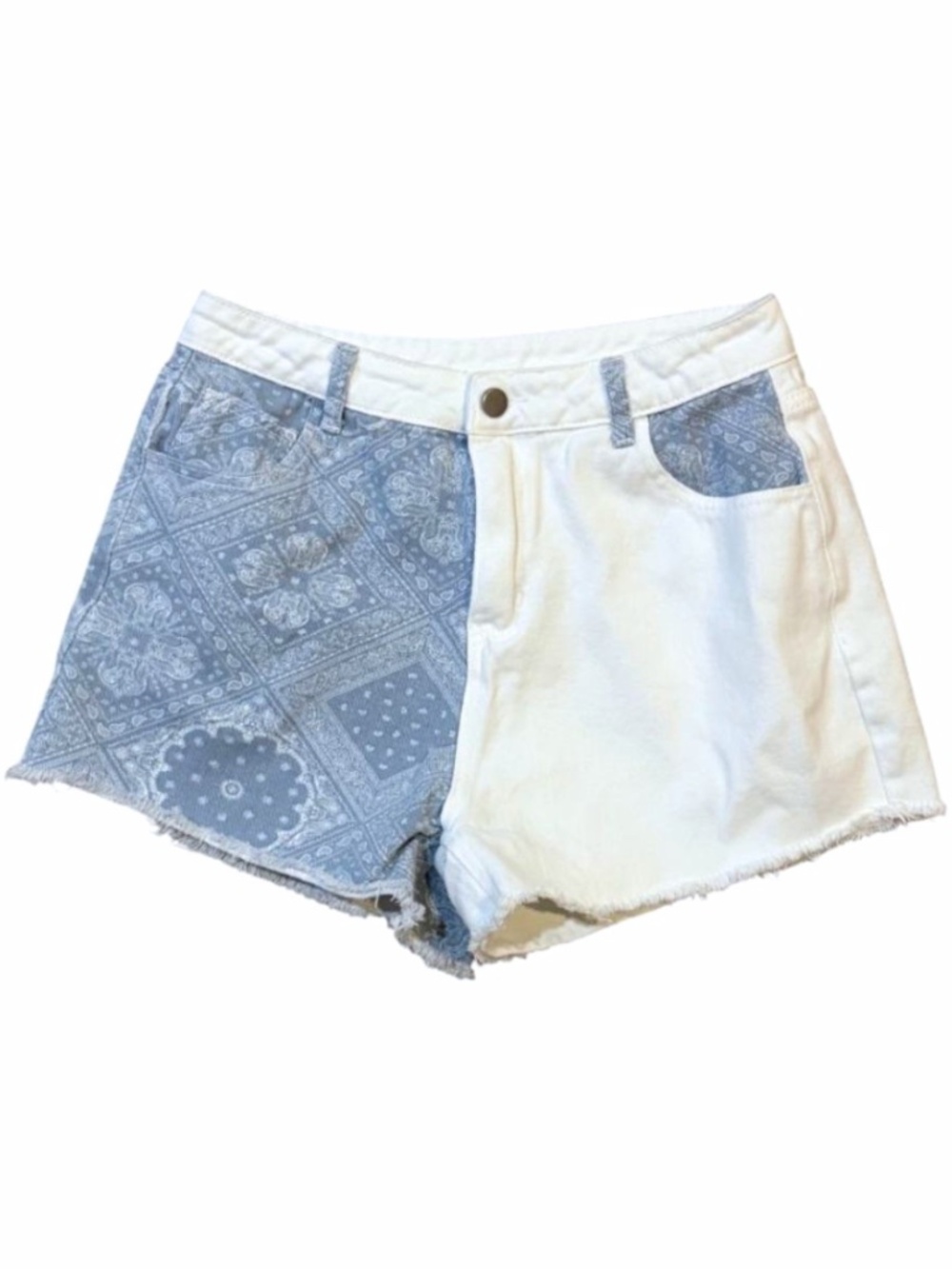 Baevely Two-toned Paisley Bandana Print Denim Shorts
